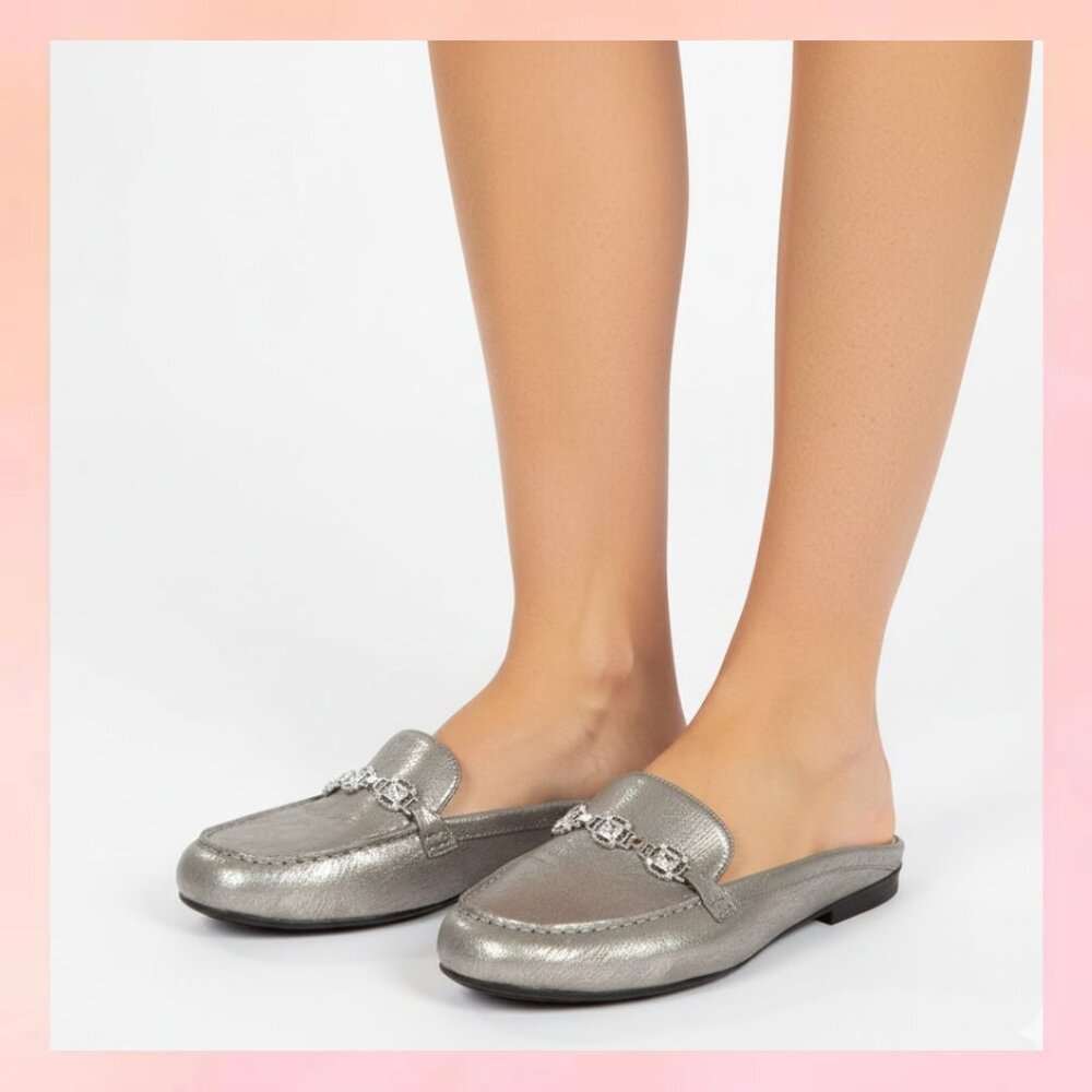 Easy Spirit Metallic Pewter Embellished Loafers Mules Gray Size 8.5